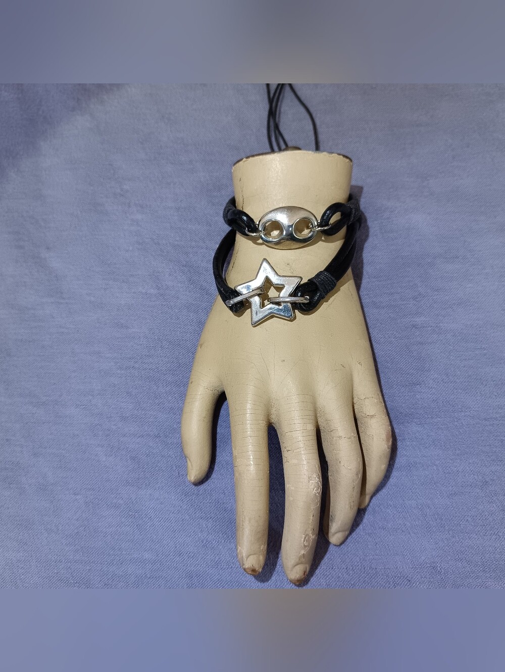 Vintage 90s Adjustable Black Cord Bracelets w/ Silver Tone Star & Oval Charms